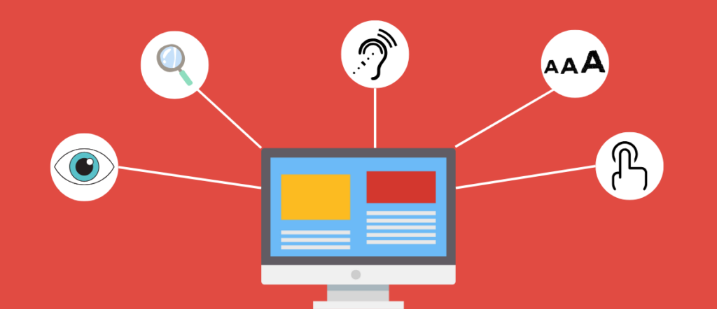 Vektorgrafi, die Symbole der Barrierefreiheit wiederspiegelt.